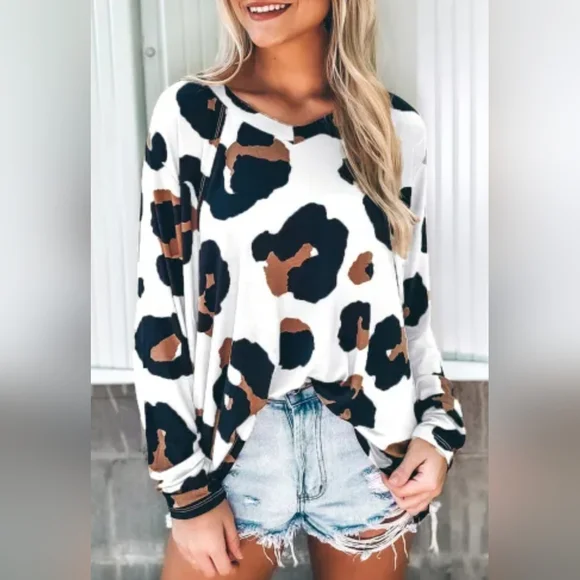 NEW! White Leopard Print Casual Loose Long Sleeve Top - Picture 6 of 14